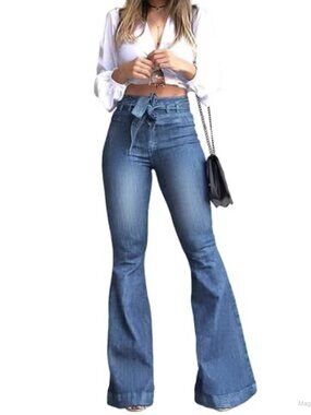 High Waisted Bell Bottom Jeans Flare Wide Leg Denim Pants with Belt